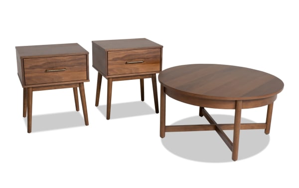 Bettie Walnut Round Storage Coffee Table and 2 End Tables set, mid-century modern style with walnut wood, angled legs, clean lines, and space-saving design.