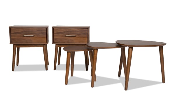 Bettie 5 Piece Walnut Storage Nesting Tables Set with mid-century modern angled legs, clean lines, and walnut wood finish for space-saving storage.
