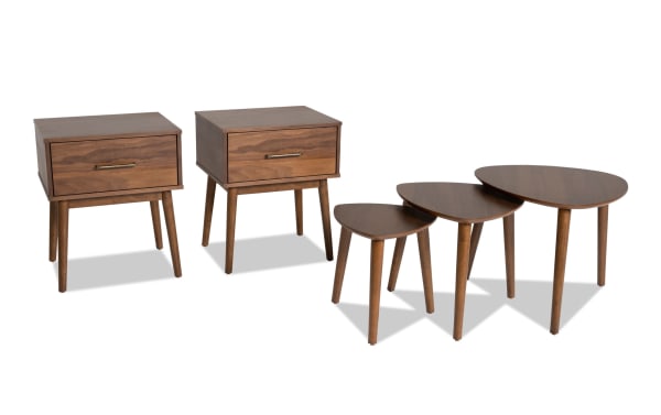 Bettie 5 Piece Walnut Storage Nesting Tables Set with mid-century modern angled legs, clean lines, and walnut wood finish for space-saving storage.