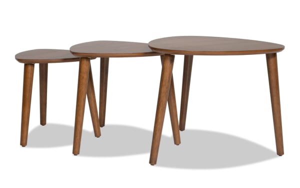 Bettie 5 Piece Walnut Storage Nesting Tables Set with mid-century modern style, wood construction, angled legs, and walnut finish for space-saving storage.