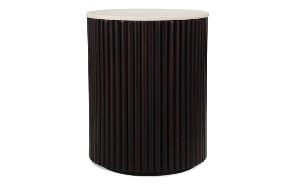 Florence Espresso & White Marble round end table with a smooth white marble top and dark espresso reeded solid wood base, contemporary style.