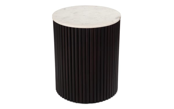 Florence Espresso & White Marble round end table with solid wood reeded espresso base and smooth white marble top, contemporary style.