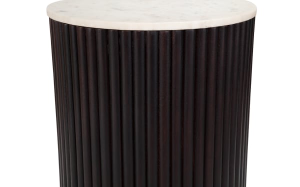 Contemporary Florence Espresso & White Marble round end table with a white marble top and dark espresso reeded solid wood base, perfect for living rooms.