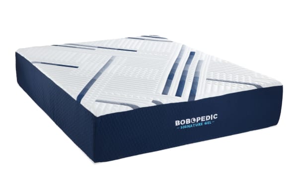Power Bob Essential Base with Signature Gel 13.5'' Queen Plush Mattress featuring a white quilted top with blue geometric accents and navy blue sides, from Bob-O-Pedic Signature collection, designed with cooling gel memory foam for customizable plush and firm comfort.