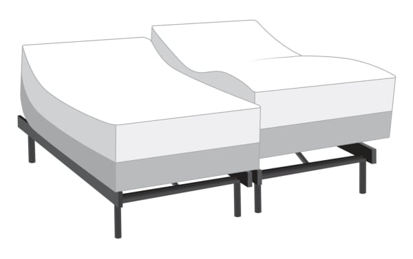 Power Bob Ultra Base with Signature Hybrid 13.5'' Split King Dual Mattress, featuring adjustable black metal frame and white gel memory foam mattress with cooling cover for customizable comfort.