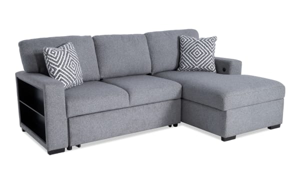Playday Gray 93'' 2-piece right arm facing chaise sectional in gray polyester fabric with built-in bookshelf, memory foam cushions, USB/USB-C ports, and pop-up sleeper.