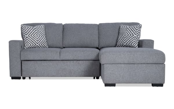 Playday Gray 93'' 2-piece right arm facing chaise sectional in gray polyester fabric, transitional style with memory foam cushions, accent pillows, and pop-up sleeper.