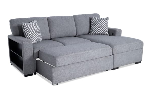 Playday Gray 93'' 2-piece right arm facing chaise sectional in gray polyester fabric with built-in bookshelf, pop-up sleeper, USB & USB-C ports, and transitional style.