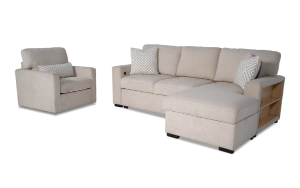Playday Beige 93'' 3 Piece Right Arm Facing Chaise Sectional with Pop-Up Sleeper, USB & USB-C Ports & Swivel Chair