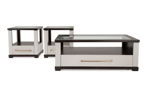 Contempo Ivory & Espresso Storage Coffee and 2 End Table Set with tempered glass tops, spacious drawers, casters, MDF and glass, contemporary style.