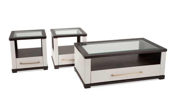 Contempo Ivory & Espresso Storage Coffee and 2 End Table Set with glass tops, MDF frame, spacious drawers, casters, contemporary style.