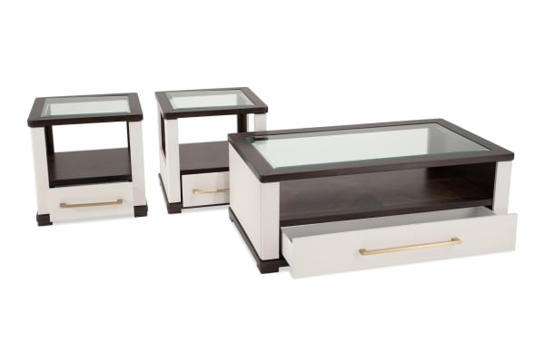 Contempo Ivory & Espresso Storage Coffee & 2 End Table Set with tempered glass tops, spacious drawers, casters, MDF and glass in contemporary style.