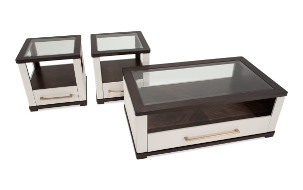 Contempo Ivory & Espresso Storage Coffee and 2 End Table Set with tempered glass tops, spacious drawers, casters, MDF and glass in contemporary style.