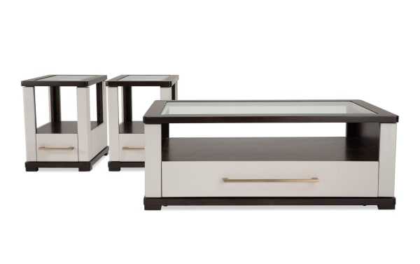 Contempo Ivory & Espresso Storage Coffee Table and 2 Chairside Tables set with tempered glass tops, MDF frame, spacious drawers, USB ports, and casters.