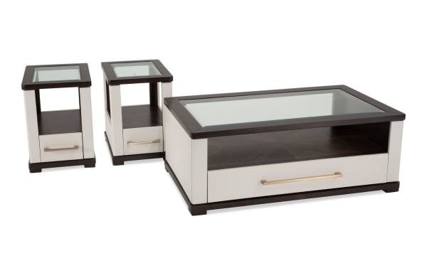 Contempo Ivory & Espresso Storage Coffee Table and 2 Chairside Tables set with tempered glass tops, MDF frame, spacious drawers, USB/USB-C ports, and casters in contemporary style.