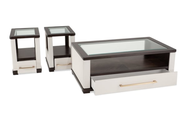 Contempo Ivory & Espresso Storage Coffee Table and 2 Chairside Tables set with tempered glass tops, MDF frame, spacious drawers, USB/USB-C ports, casters, in contemporary style from Contempo Entertainment Occasional collection.