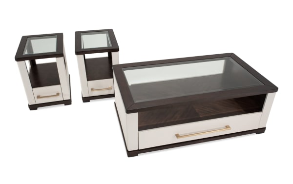 Contempo Ivory & Espresso Storage Coffee Table and 2 Chairside Tables set with glass tops, MDF frame, spacious drawers, USB/USB-C ports, and casters.