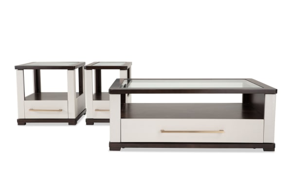 Contempo Ivory & Espresso Storage Coffee, End, and Chairside Table Set with tempered glass tops, MDF frame, spacious drawers, USB charging ports, and casters in contemporary style.