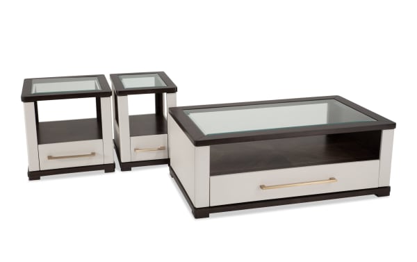 Contempo Ivory & Espresso Storage Coffee Table Set with End and Chairside Tables, contemporary style, glass tops, MDF frame, built-in USB/USB-C ports, and casters for easy mobility.