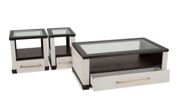 Contempo Ivory & Espresso Storage Coffee Table Set with End and Chairside Tables, featuring tempered glass tops, MDF frame, spacious drawers, USB/USB-C ports, casters, in contemporary style from Contempo Entertainment Occasional collection.