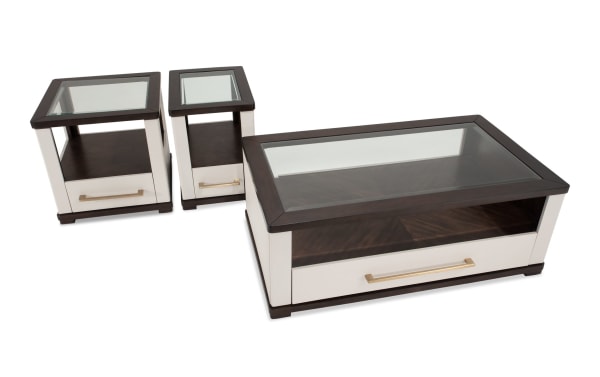 Contempo Ivory & Espresso Storage Coffee Table Set with tempered glass tops, spacious drawers, USB/USB-C ports, casters, MDF, contemporary style