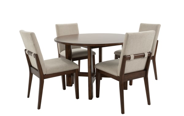Mango 5 Piece Brown & Beige Solid Wood Upholstered Round Dining Set