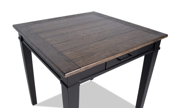 Montana Black & Brown Square Counter Height Dining Table with rustic MDF oak veneer top, antique finish wood base, and storage drawers.