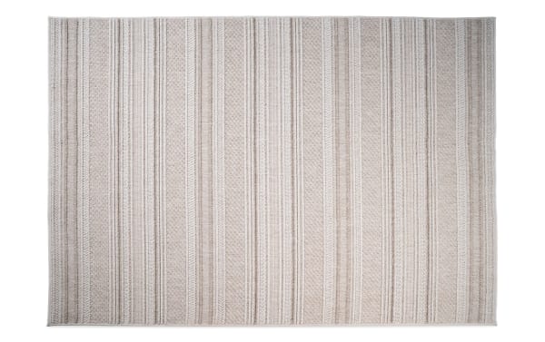Beige Bradford 5' x 7' indoor/outdoor rug with contemporary striped pattern, machine woven polypropylene for durability in high-traffic areas.