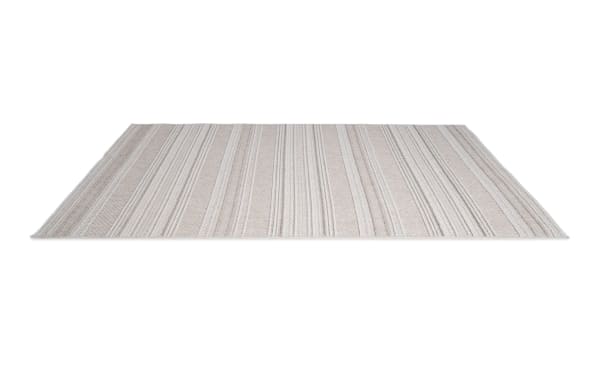 Contemporary Bradford 5' x 7' beige striped indoor/outdoor rug, machine woven polypropylene, durable for high-traffic areas, natural fiber look.