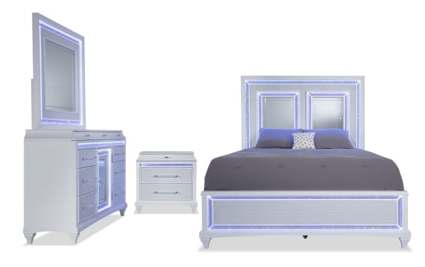 Glamour 4 Piece Queen White Panel Bedroom Set with LED touch lighting, acacia veneers, mirrored crystals, felt-lined drawers, USB ports, and silver hardware.