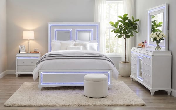 Glamour 4 Piece Queen White Panel Bedroom Set with LED touch lighting, acacia veneer, mirrored crystals, felt-lined drawers, USB ports, and silver hardware.