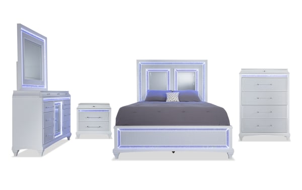 Glamour 5 Piece Queen White Panel Bedroom Set