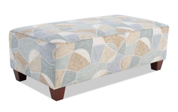 Brynn Beige Ottoman with playful geometric pattern in beige tones, transitional style, cushioned polyester fabric upholstery, and sturdy wooden legs.