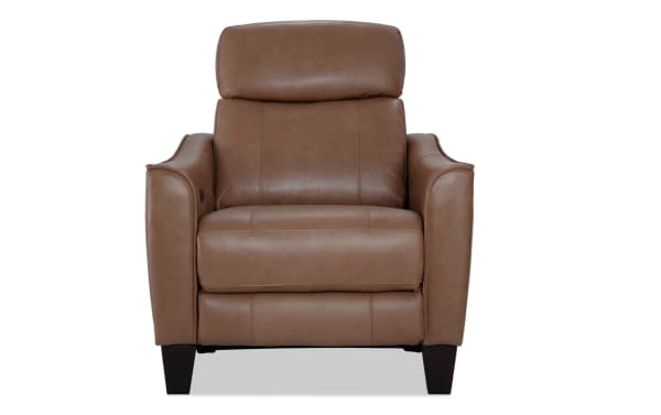 Empire Cognac Leather Power Recliner with power headrest, brown transitional style chair featuring leather upholstery and memory foam cushioning.