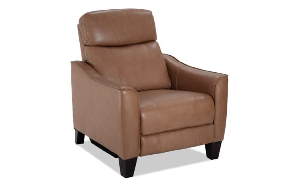 Empire Cognac leather power recliner with power headrest, transitional style, brown leather upholstery, memory foam cushioning, and vinyl accents.