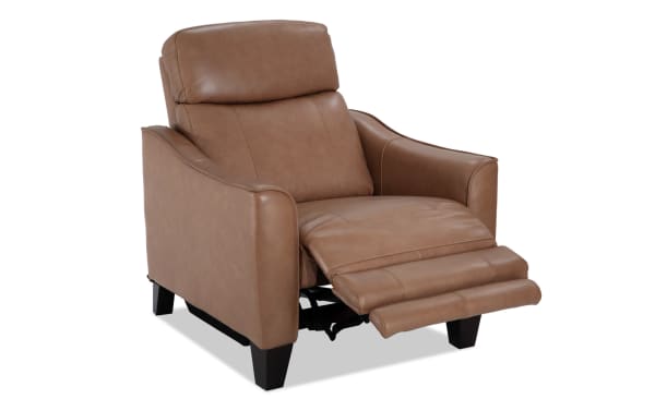 Empire Cognac Leather Power Recliner with power headrest, transitional style brown leather upholstery, vinyl accents, and memory foam cushioning for enhanced comfort.
