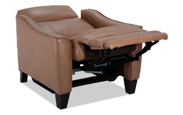 Empire Cognac leather power recliner with power headrest, transitional style, brown leather upholstery, memory foam cushioning, and vinyl accents.