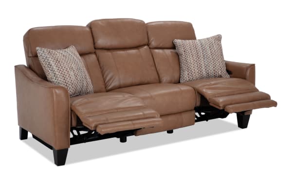 Empire Cognac Leather 82'' Power Reclining Sofa with power headrest, transitional style, brown leather upholstery, includes accent pillows and memory foam cushioning.