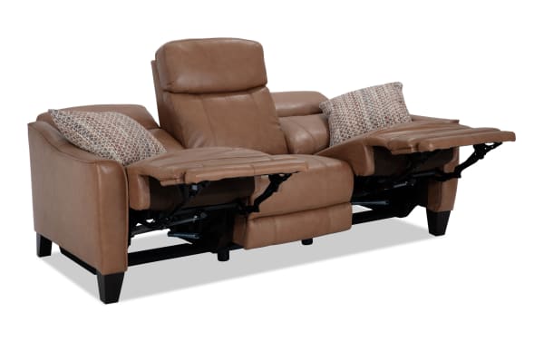 Empire Cognac leather 82" power reclining sofa with power headrest, transitional style, brown leather upholstery, includes accent pillows and memory foam cushioning.