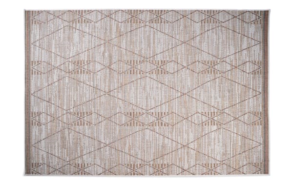 Contemporary Capri 5' x 7' beige Ikat indoor/outdoor rug with flat pile 100% polypropylene fibers, featuring a geometric diamond pattern.