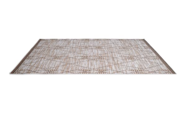 Beige Capri 5' x 7' Ikat indoor/outdoor rug with contemporary geometric pattern, flat pile polypropylene for durability and weather resistance.