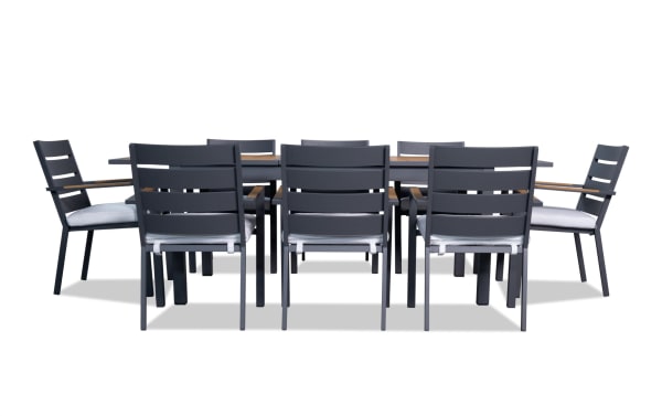 Laguna 9 Piece Gray Aluminum Outdoor Dining Set with powder-coated metal frame, gray polyester cushions, and extendable leaf for contemporary patio seating.