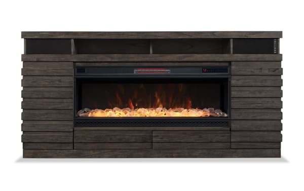 Rustic Ember 70'' gray electric fireplace and TV stand with 3D flames, Bluetooth speakers, digital thermostat, side cabinets, and storage drawers.