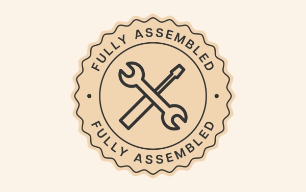 Rustic beige badge with wavy edges and crossed wrench and screwdriver icons, labeled "FULLY ASSEMBLED" for Ember 70'' Gray Electric Fireplace and TV Stand.