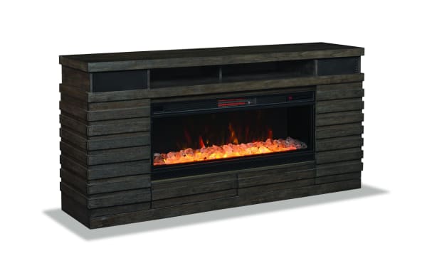 Rustic Ember 70'' gray electric fireplace and TV stand with 3D flames, Bluetooth speakers, adjustable thermostat, MDF and tempered glass materials.