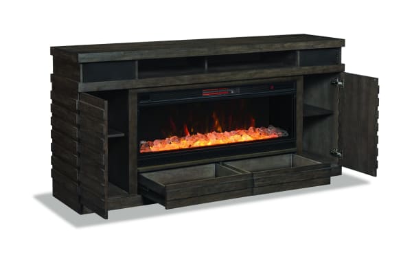 Ember 70'' gray rustic electric fireplace and TV stand with MDF, veneers, tempered glass, 3D flames, Bluetooth speakers, digital thermostat, side cabinets, and storage drawers.