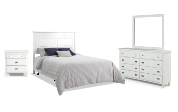 Spencer 4 Piece Full White Panel Bedroom Set featuring hardwood solids, MDF, and poplar with a transitional style. Includes paneled headboard, dresser with mirror, and nightstand with multiple storage drawers.