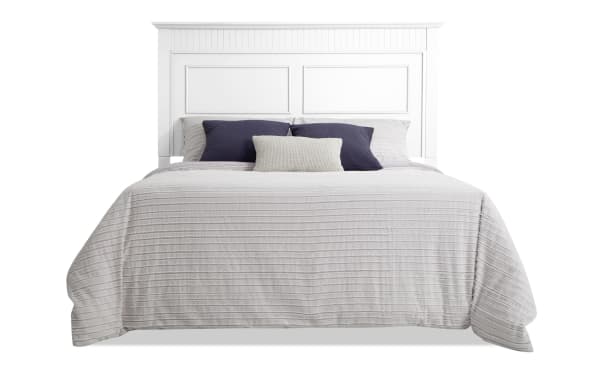 Spencer 4 Piece Full White Panel Bedroom Set headboard in transitional style, made of hardwood solids, MDF, plywood, poplar, and veneers.