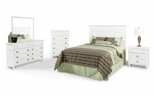 Spencer 5 Piece Twin White Panel Bedroom Set with transitional style, hardwood solids, MDF, and poplar veneers. Includes headboard, dresser with mirror, chest, and nightstand with multiple storage drawers.