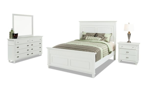 Spencer 4 Piece King White Panel Bedroom Set in transitional style with hardwood solids, MDF, plywood, and poplar veneers. Includes king bed, dresser, mirror, and nightstand with multiple storage drawers.